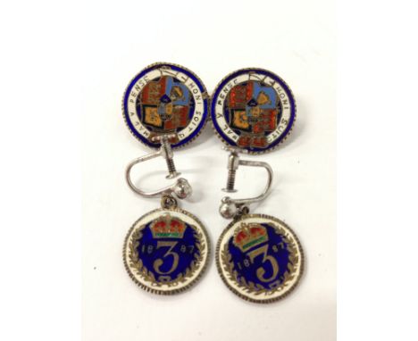 A pair of enamel silver 3d earrings together with an enamel coin bar brooch.