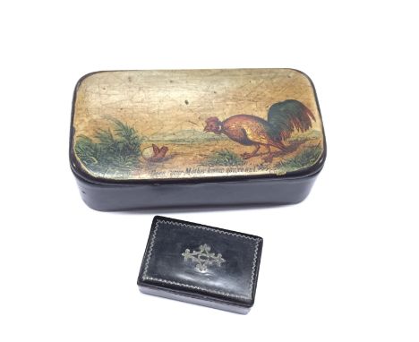 A 19th century papier mache snuff box with humorous lid painted with a cockerel and hatching egg inscribed "Does Your Mother 