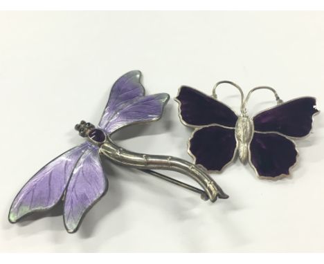 A John Atkins & Son silver and enamel Dragonfly brooch together with a Charles Horner silver and enamel Butterfly brooch. 
Co