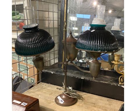 DOUBLE SHADED GREEN GLASS COVERTED OIL LAMP