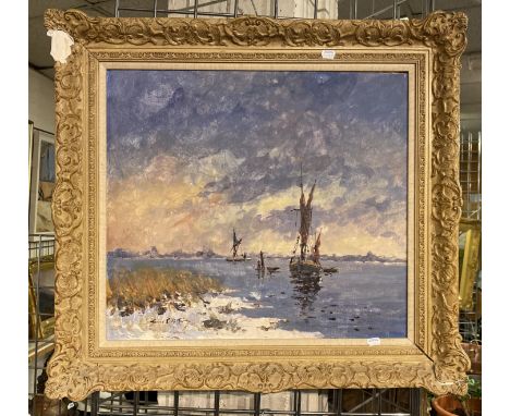 IMPRESSIONIST OIL ON CANVAS BY GERALD E R TUCKER - SHIPS ON WATER  49CMS X 55CMS APPROX INNER FRAME -A/F