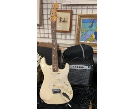FENDER SQUIER STRATOCASTER, STAND &amp; LEAD WITH EARTHFIRE EA-2OR AMPLIFIER