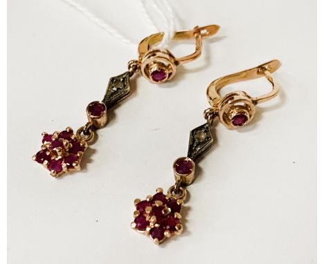 14CT GOLD ROSE CUT DIAMOND AND RUBY EARRINGS 