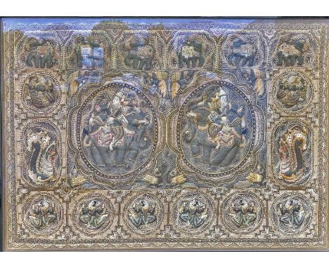 F/g Stump Work Tapestry with sequins &amp; jewels, parade of elephants &amp; central panel Siamese style Buddhist figure to t