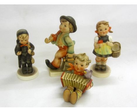 Hummel Figurines Girl with basket 'Sister', Boy with concertina &amp; bird, Chimney Sweep &amp; Boy with bag &amp; umbrella (
