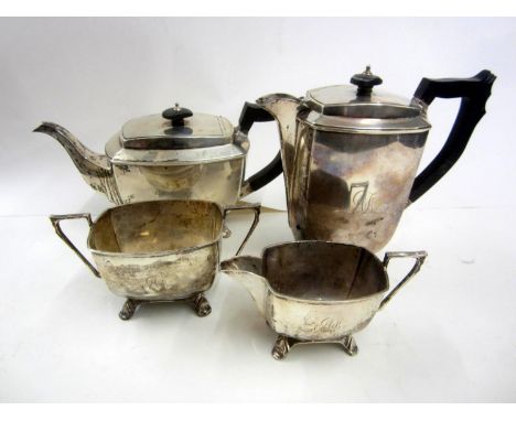 Silver 4 Piece Service with Teapot, Hot Water Jug, Sugar &amp; Milk, bearing engraved initials AJ, CB&amp;S Sheffield 1942, 4