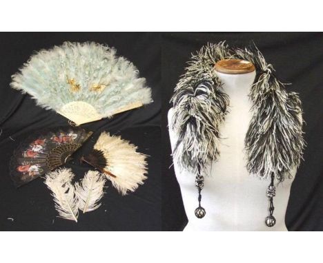 2 Vintage Ostrich Feather Fans, Fabric &amp; Lace Fan, 2 Ostrich Feathers &amp; Ostrich Feather Scarf 