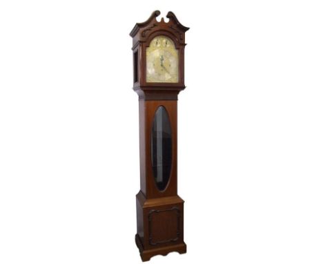 Mahogany 3 Train Longcase clock plinth base with applied C-scroll moulding oval bevel glass door, elaborate door, applied gil