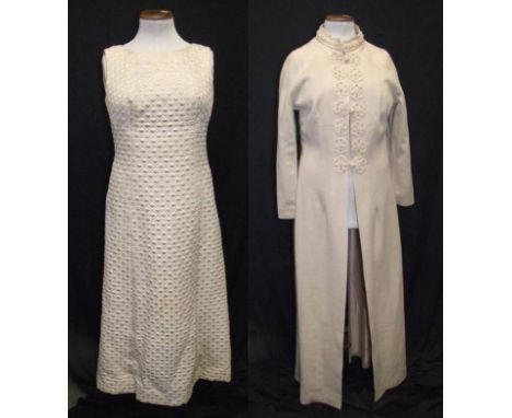 Ladies Cream/Gold Vintage Evening Dress &amp; Full Kaftan Style Coat with crocheted detail &amp; pearl buttons, approx. size 