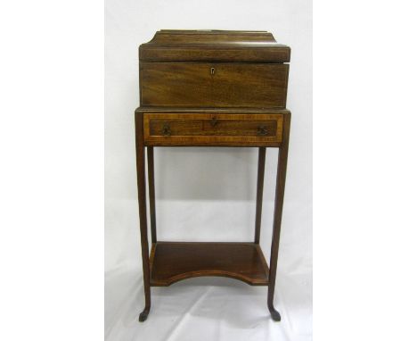 C19th Mahogany Cigar Box on stand with square tapering kicked-out supports, under tier with wide tulip wood banding, drawer w