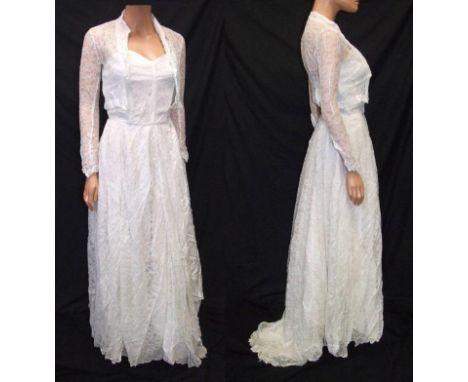 Vintage 1950s/60s Wedding Dress, ivory lace over acetate with matching jacket (dress requires repair) 