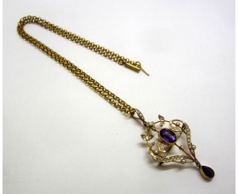Victorian 9ct. Gold Seed Pearl &amp; Amethyst Pendant Brooch on belcher link chain 