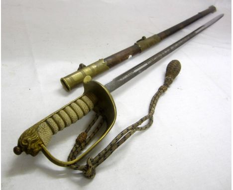 C20th Naval Dress Sword, shagreen grip, gilt hilt with crown anchor &amp; rope with leather &amp; brass scabbard, flip down s