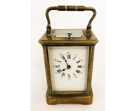 Small Late C19th Brass Cased Carriage Clock with white enamelled hands, Roman numerals, blued hands, outer Arabic minutes, st