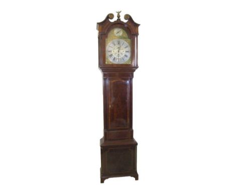 Large Mahogany Longcase Clock on short bracket supports, glass door, eagle mounted orb, plinth with contrasting ebony inlay, 