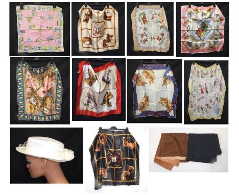 Hat Box Cream Satin Hat &amp; 11 Vintage Scarves incl. St Michael, Debenhams etc. 