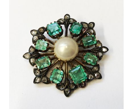 Antique Rose Cut Diamond &amp; Emerald Brooch with central half pearl, 8 square &amp; rectangular facet cut emeralds interspa