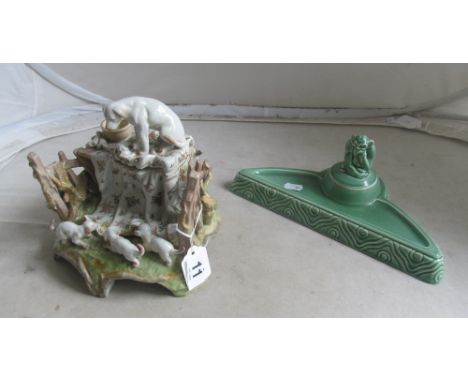 A Wedgwood green Art Deco inkstand (minor chips to lid) and a continental inkwell dogs and puppies