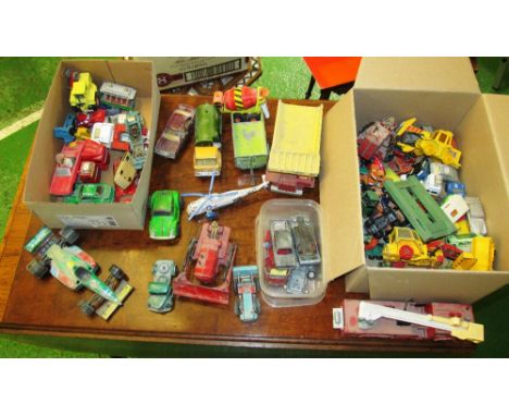 A fire engine and mixed group of vehicles, all very play worn