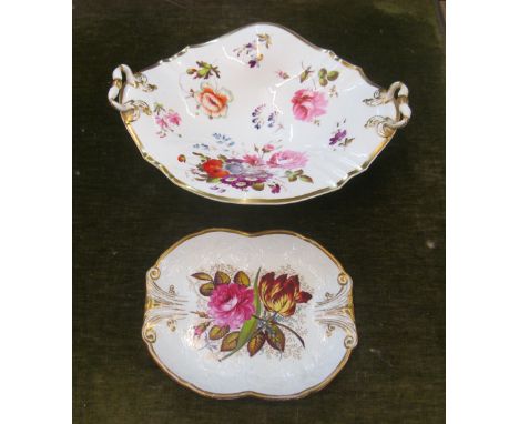 A pretty floral centrepiece (handle restored) and a shaped floral dish M&amp;N (with Godden label) (gilt rubbed)