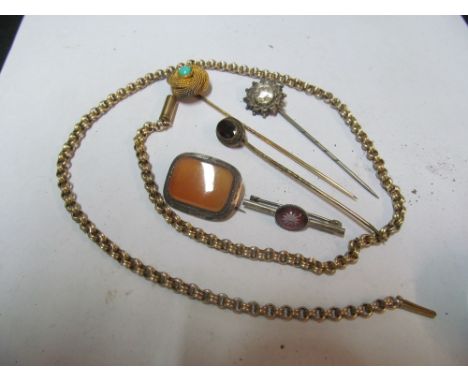 Three Victorian stick pins, two brooches and a chain