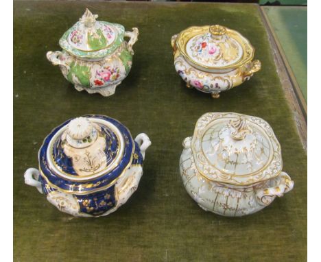 Three 19th Century lidded sucriers (one broken handle inside) and blue sucrier