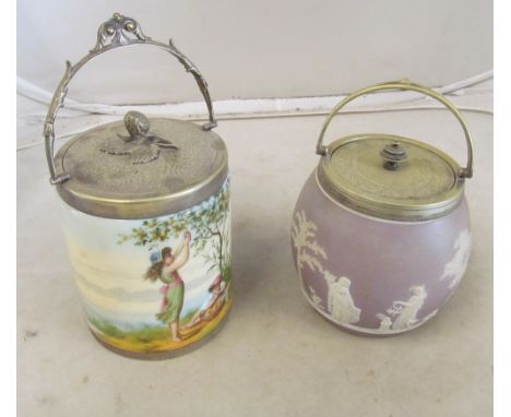 A 19th Century biscuit barrel girl collecting lemons, Jasper biscuit barrel and a Royal Worcester style shell dish (a/f)