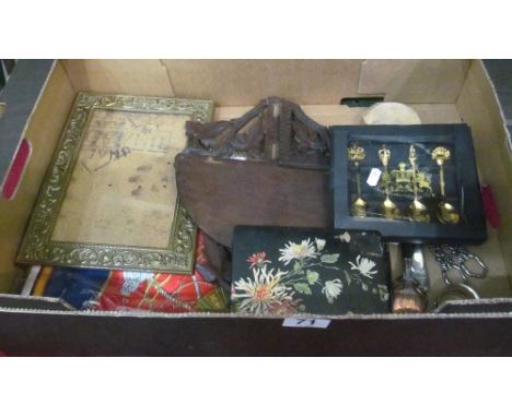 Two napkin rings, plated items, frame, lacquer box and folding shelf, lace place mats and scarf