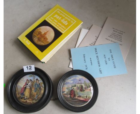 A 19th Century pot lid Walmer Castle and another The Irish Man together with Price Guide to Pot Lids book and booklets