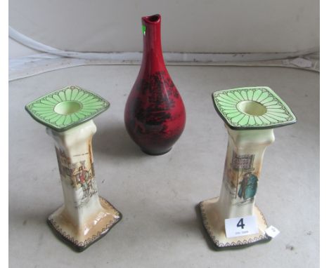 A Royal Doulton Flambé vase with hunting scene and a pair of Dickens ware 1920s candlesticks