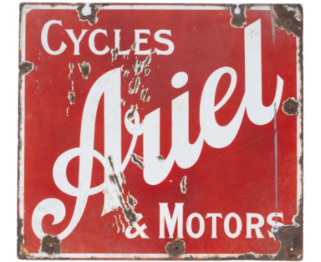 Advertising enamel sign ARIEL CYCLES &amp; MOTORS. In fair condition with some face and edge chipping. Measures 20in x 18in.