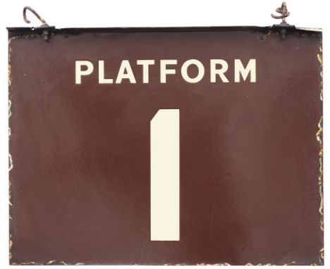 GWR enamel railway sign PLATFORM 1. Double sided with a single flange at the top both sides in good condition with some edge 