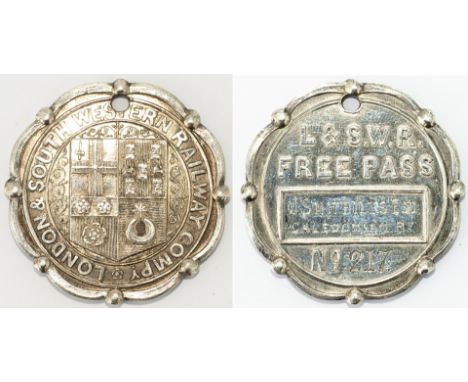 London &amp; South Western Railway silver free pass issued to J. Smithills Esq Caledonian Ry. Front marked with company name 