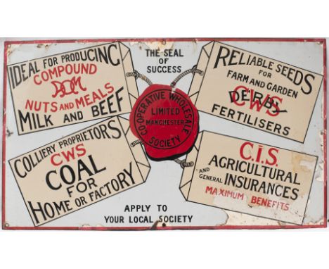 Advertising enamel sign CO OPERATIVE WHOLESALE SOCIETY MANCHESTER CWS COAL C.I.S AGRICULTURAL SERVICES, CWS RELIABLE SEEDS, A
