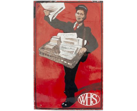 Advertising enamel sign WHS (W.H.SMITH) with image of a paper seller. In very good condition with minor edge chipping. Measur