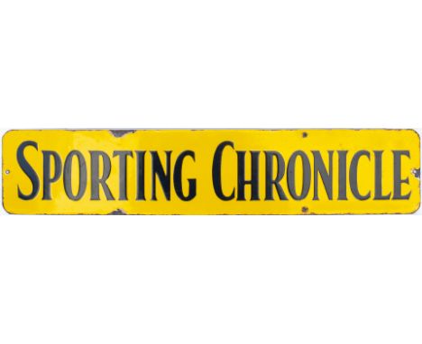 Advertising enamel sign SPORTING CHRONICLE. In very good condition with minor edge chipping. Measures 20in x 4in.