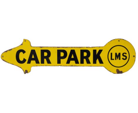 LMS enamel railway sign LMS CAR PARK. In very good condition with minor edge chipping. Measures 42.5in x 11in.