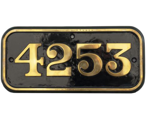 GWR brass cabside numberplate 4253 ex Churchward 2-8-0 T built at Swindon in 1917. Allocated to 86B Newport Pill and withdraw