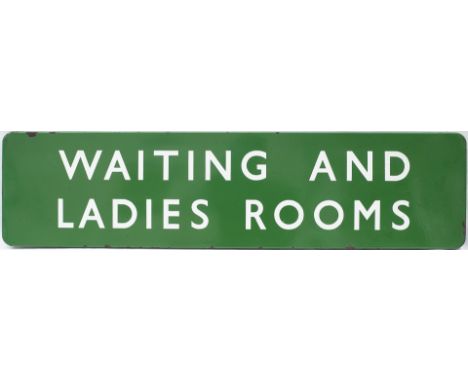 BR(S) FF enamel platform station sign WAITING AND LADIES ROOMS. Measures 48in x 12in and is in very good condition with minor