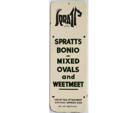 Advertising enamel sign SPRATT'S BONIO MIXED OVALS AND WEETMEET. Measures 18in x 6in and is in very good condition with some 