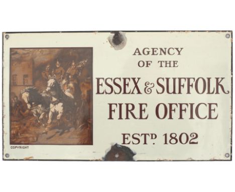 Advertising enamel sign AGENCY OF THE ESSEX &amp; SUFFOLK FIRE OFFICE ESTD 1802 with image of horse drawn fire engine. In ver