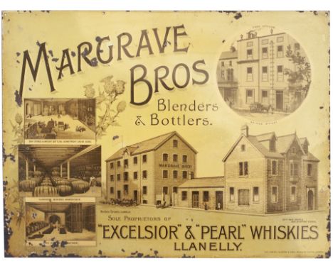 Advertising sign MARGRAVE BROS BLENDERS &amp; BOTTLERS EXCELSIOR &amp; PEARL WHISKIES LLANELLY. Enamel printed steel in very 