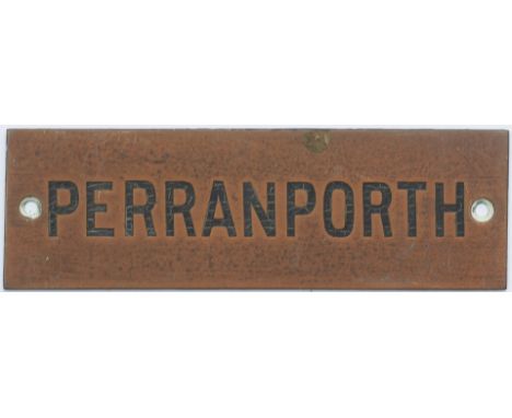 GWR hand engraved  brass shelf plate PERRANPORTH. In very good condition with original wax infill. Measures 4.75in x 1.5in. 