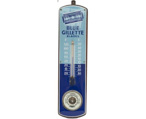 Advertising enamel thermometer and barometer BLUE GILLETTE BLADES with original thermometer and barometer with Gillette logo.