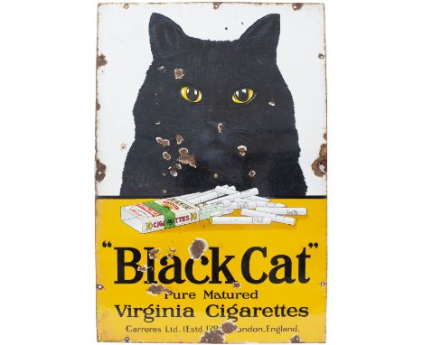 Advertising enamel sign BLACK CAT PURE MATURED VIRGINIA CIGARETTES. In good condition with some face and edge chips. Measures