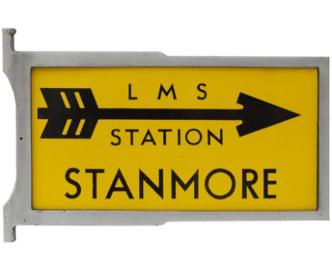 LMS enamel station direction sign LMS STANMORE STATION. Double sided enamel in original aluminium frame. In excellent conditi