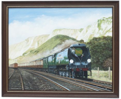 Original painting of BULLEID LIGHT PACIFIC 34085 501 SQUADRON ON THE GOLDEN ARROW in the 1950's. Acrylic on board, painted by