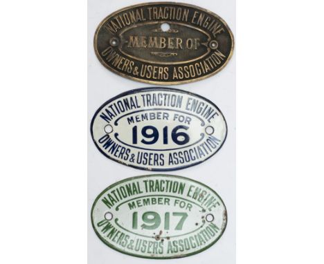 A group of three National Traction Engine Owners and users association plates. Two enamel for 1916 and 1917 measure 7.25in x 