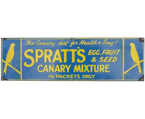 Advertising enamel sign SPRATT'S EGG FRUIT &amp; SEED CANARY MIXTURE IN PACKETS ONLY. THE CANARY DIET FOR HEALTH &amp; SONG. 
