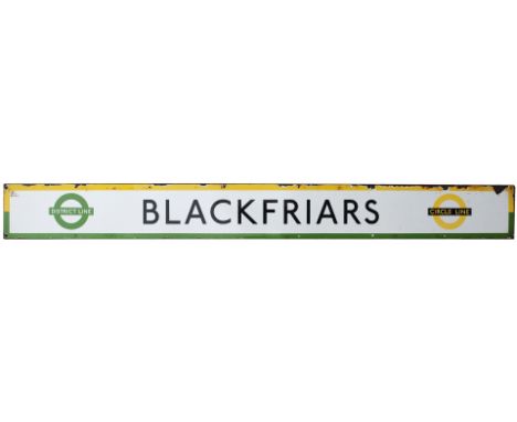 London Underground enamel station frieze sign BLACKFRIARS with District and Circle line logos. In very good condition with so